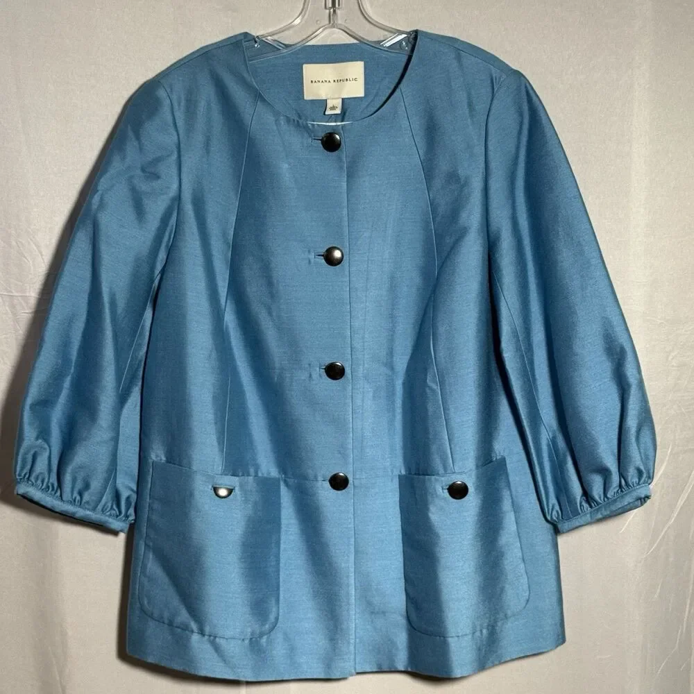NWT Banana Republic Women’s Silk Blend Jacket Blue Button Front  L Career Dressy
